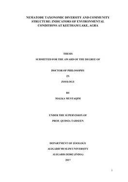Nematode Taxonomic Diversity and Community Structure: Indicators of Environmental Conditions at Keetham Lake, Agra