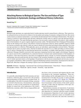 Attaching Names to Biological Species: the Use and Value of Type Specimens in Systematic Zoology and Natural History Collections