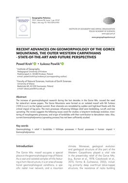Recent Advances on Geomorphology of the Gorce Mountains, the Outer Western Carpathians - State-Of-The-Art and Future Perspectives