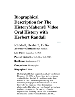 Biographical Description for the Historymakers® Video Oral History with Herbert Randall