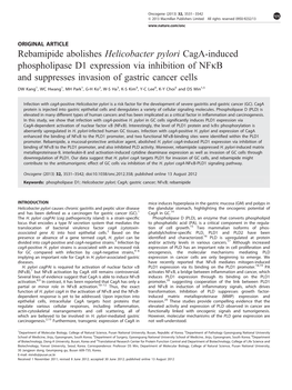 Rebamipide Abolishes Helicobacter Pylori Caga-Induced Phospholipase D1 Expression Via Inhibition of NF&Kappa