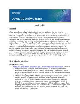 March 19, 2020 Summary China Reported No New Local Infections For