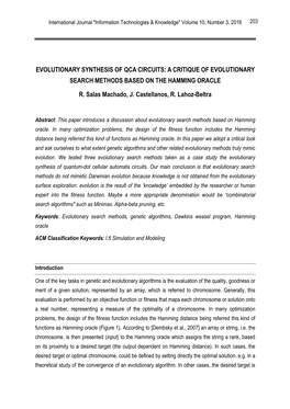 Evolutionary Synthesis of Qca Circuits: a Critique of Evolutionary Search Methods Based on the Hamming Oracle