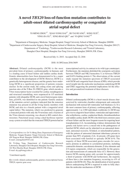 A Novel TBX20 Loss‑Of‑Function Mutation Contributes to Adult‑Onset Dilated Cardiomyopathy Or Congenital Atrial Septal Defect