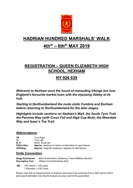 HADRIAN HUNDRED MARSHALS' WALK 4Thth – 6Thth MAY 2019