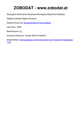 Hydrogeologie Und Hydrochemie Der Parndorfer Heideplatte