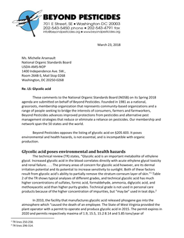 Glycolic Acid Poses Environmental and Health Hazards the Technical Review (TR) States, “Glycolic Acid Is an Important Metabolite of Ethylene Glycol