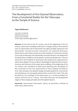 The Development of the Classical Observatory: from a Functional Shelter for the Telescope to the Temple of Science