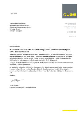 Bidder's Statement to Chalmers Shareholders