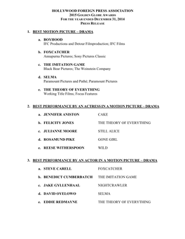 2015 GG Awards Nominations Press Release