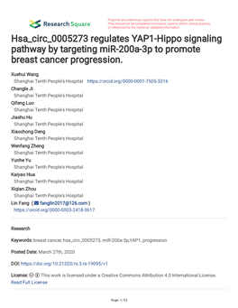 Hsa Circ 0005273 Regulates YAP1-Hippo Signaling Pathway by Targeting Mir-200A-3P to Promote Breast Cancer Progression