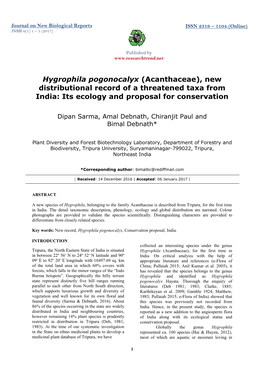 Hygrophila Pogonocalyx (Acanthaceae), New Distributional Record of a Threatened Taxa from India: Its Ecology and Proposal for Conservation