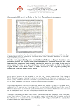 Consecrated Life and the Order of the Holy Sepulchre of Jerusalem