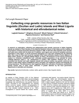 (Occitan and Ladin) Islands and West Liguria with Historical and Ethnobotanical Notes