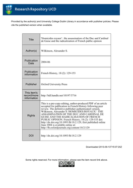 The Assassination of the Duc and Cardinal De Guise and the Radicalization of French Public Opinion