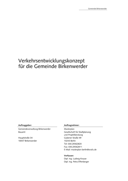 Verkehrsentwicklungskonzept Für Die Gemeinde Birkenwerder