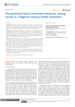 Occupational Hazard Preventive Measures Among Nurses in a Nigerian Tertiary Health Institution