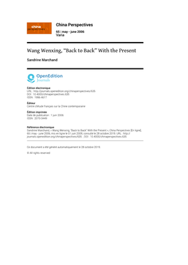 China Perspectives, 65 | May - June 2006 Wang Wenxing, “Back to Back” with the Present 2