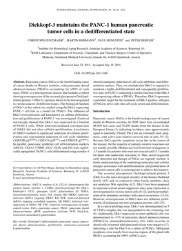 Dickkopf-3 Maintains the PANC-1 Human Pancreatic Tumor Cells in a Dedifferentiated State