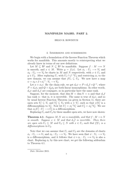 MANIFOLDS MA3H5. PART 2. 4. Immersions and Submersions We