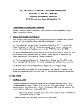 DELAWARE VALLEY REGIONAL PLANNING COMMISSION REGIONAL TECHNICAL COMMITTEE January 8, 2013 Meeting Highlights DVRPC Conference Room, Philadelphia, PA