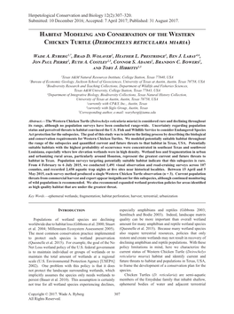 Habitat Modeling and Conservation of the Western Chicken Turtle (Deirochelys Reticularia Miaria)