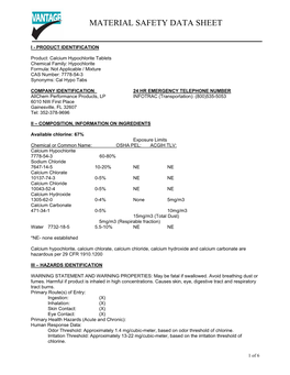 VANTAGE Calcium Hypochlorite Tablets