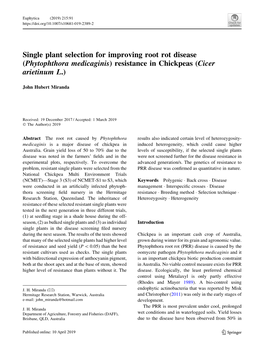 Single Plant Selection for Improving Root Rot Disease (Phytophthora Medicaginis) Resistance in Chickpeas (Cicer Arietinum L.)