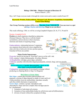 Leah Mcaleer Biology 1306/1406 – Modern Concepts in Bioscience II Week of March 1, 2021 Hey Y'all! I Hope Everyone Made It