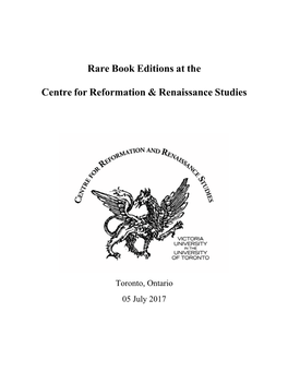 Rare Book Editions at the Centre for Reformation & Renaissance Studies