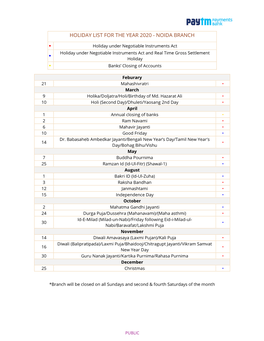 Holiday List for the Year 2020 - Noida Branch