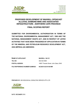 Proposed Development of Maxwill Opencast Alluvial Diamond Mine and Associated Infrastructure , Northern Cape Province Final Scoping Report