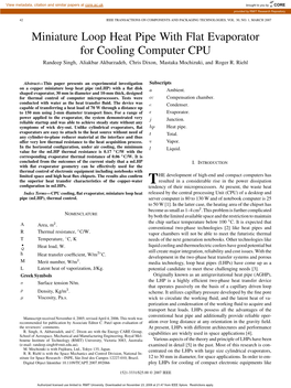 Miniature Loop Heat Pipe with Flat Evaporator for Cooling Computer CPU Randeep Singh, Aliakbar Akbarzadeh, Chris Dixon, Mastaka Mochizuki, and Roger R