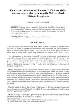 First Record of Oestrus Ovis Linnaeus, 1758 from Malta, and Case Reports of Myiasis from the Maltese Islands (Diptera: Brachycera)