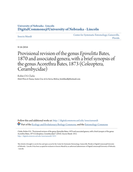 Provisional Revision of the Genus <I>Epimelitta</I> Bates, 1870 And