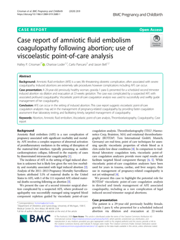 Case Report of Amniotic Fluid Embolism Coagulopathy Following Abortion; Use of Viscoelastic Point-Of-Care Analysis Halley P