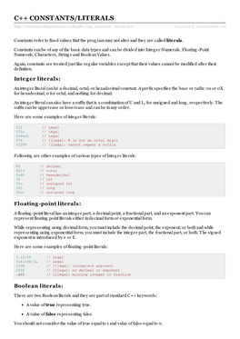 C++ CONSTANTS/LITERALS Rialspo Int.Co M/Cplusplus/Cpp Co Nstants Literals.Htm Copyrig Ht © Tutorialspoint.Com