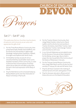 CHURCH of ENGLAND DEVON Prayers Sat 1St – Sat 8Th July