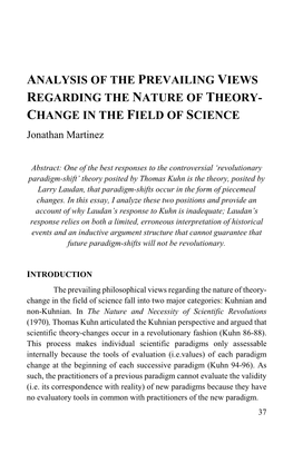 ANALYSIS of the PREVAILING VIEWS REGARDING the NATURE of THEORY- CHANGE in the FIELD of SCIENCE Jonathan Martinez