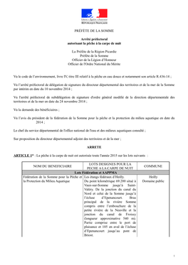 PRÉFÈTE DE LA SOMME Arrêté Préfectoral Autorisant La Pêche À La