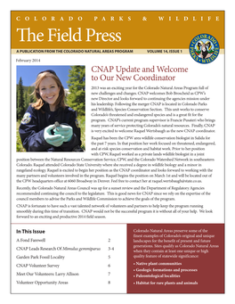 The Field Press a PUBLICATION from the COLORADO NATURAL AREAS PROGRAM VOLUME 14, ISSUE 1