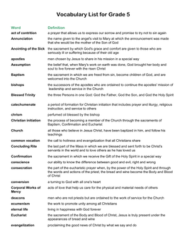 Vocabulary List for Grade 5