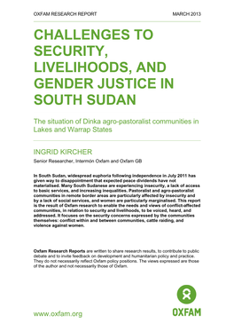Challenges to Security, Livelihoods, and Gender Justice in South Sudan