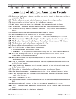 Timeline of African American Events 1539—Esteban the Black Guides a Spanish Expedition from Mexico Through the Southwest Searching for Seven Cities of Gold