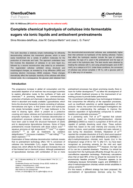 Complete Chemical Hydrolysis of Cellulose Into Fermentable Sugars Via Ionic Liquids and Antisolvent Pretreatments