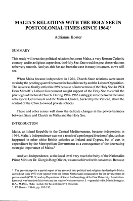 Malta's Relations with the Holy See in Postcolonial Times (Since 1964)1