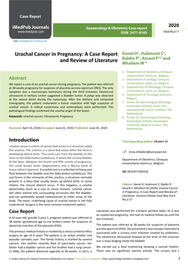 Urachal Cancer in Pregnancy: a Case Report Genel H1, Hubinont C2, Baldin P3, Amant F4-6 and and Review of Literature Mhallem M1*