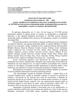 NOTĂ DE FUNDAMENTARE La Hotărârea Guvernului Nr. 596 /2011 Pentru Modificarea Şi Completarea Unor Anexe La Hotărârea