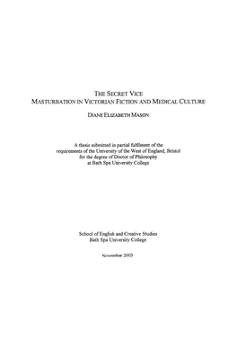 The Secret Vice Masturbation in Victorian Fiction and Medical Culture Diane Elizabeth Mason