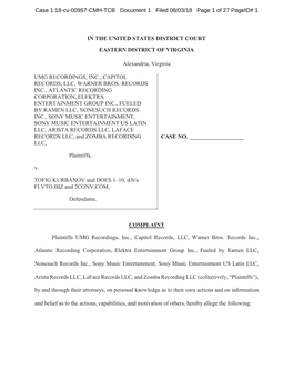 UMG Recordings, Et Al, V. Kurbanov Complaint